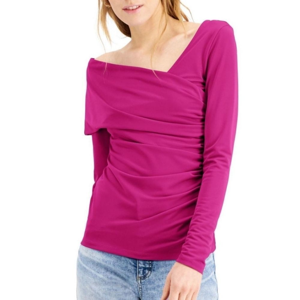 𝅺INC International Concept Pink Long-Sleeve Asymmetric Ruched Top Womens Size L